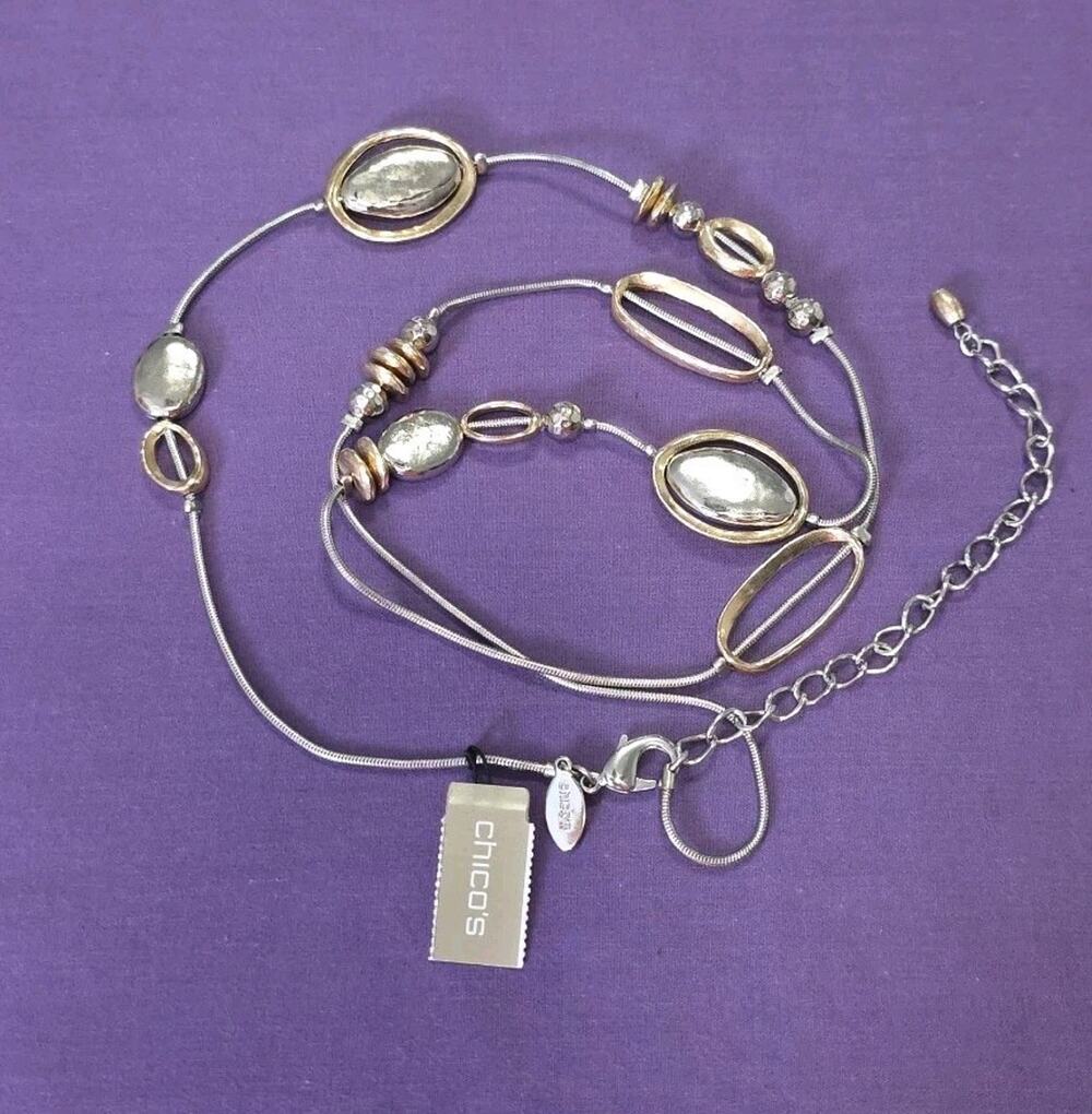 Chico's Signed Necklace Long Two-Tone Station Accents Mixed Metals Adjustable